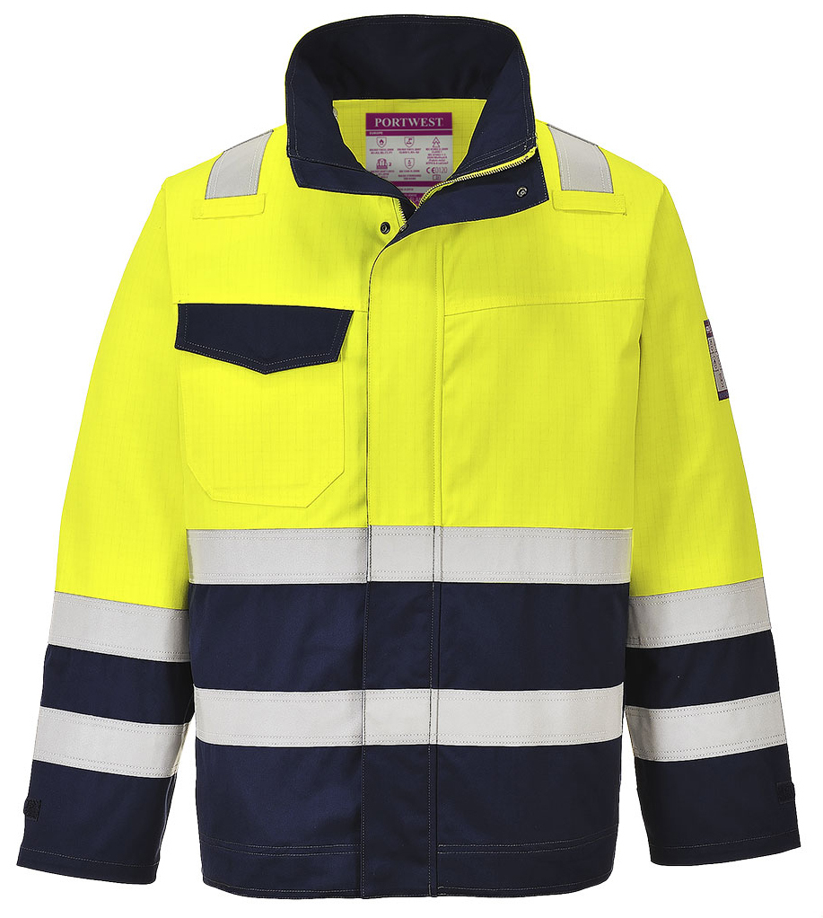 Portwest MV25 HI-VIS MODAFLAME Nehorľavá bunda S, Fluorescenčno žltá-Námornícka modrá